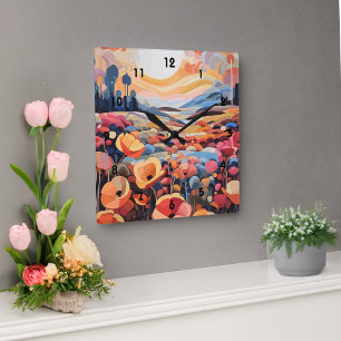 Horloge Ronde Fleurs rétro Abstraites
