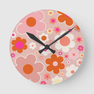 Horloge Ronde Fleurs Rétro Peach Blush Rose Orange Floral