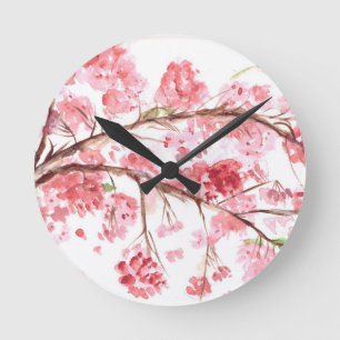 Horloge Ronde Fleurs roses de cerisier peinture florale