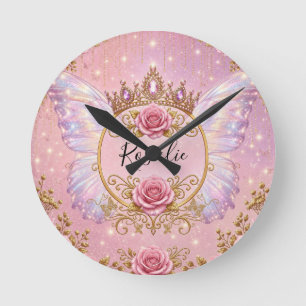 Horloge Ronde Fleurs roses et dorées de fée princesse papillon