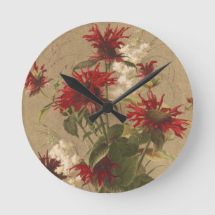 Horloge Ronde Fleurs rouges et bordeaux sophistiquées sur fond b