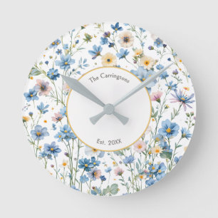 Horloge Ronde Fleurs Sauvages Bleues Jardin Rustique de Cottage