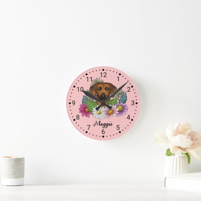 Horloge Ronde Fleurs sauvages De Tête De Chien Rhodesian Ridgeba (Maison)