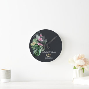 Horloge Ronde Fleurs tropicales Mariage foncé