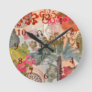 Horloge Ronde Fleurs Vintage Hula Coloré Hawaïen Tropical