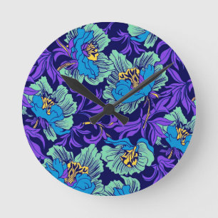 Horloge Ronde Fleurs violettes et bleues William Morris