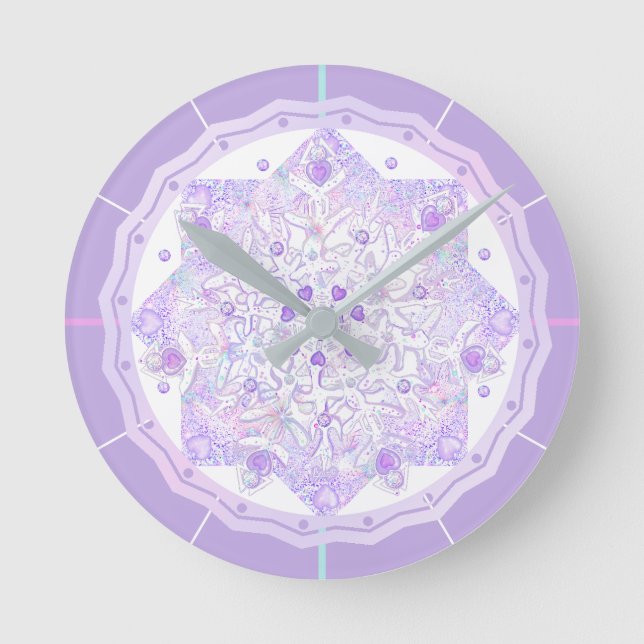 Horloge Ronde flocon de neige violet clair et coeur étincelant (Recto)