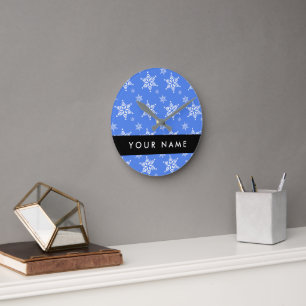 Horloge Ronde Flocons de neige blancs, Bleu, Votre nom, Personna