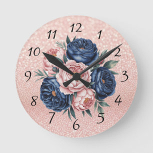 Horloge Ronde Floral bleu marine et or Rose