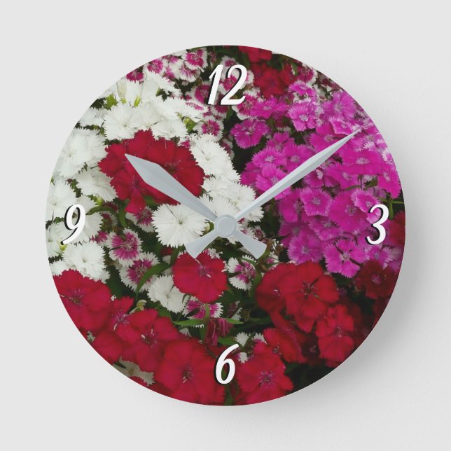 Horloge Ronde Floral Dianthus blanc, rose et rouge (Recto)
