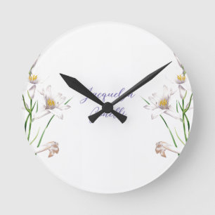 Horloge Ronde Floral Elegant Chic Cute Calligraphie Ajouter Nom
