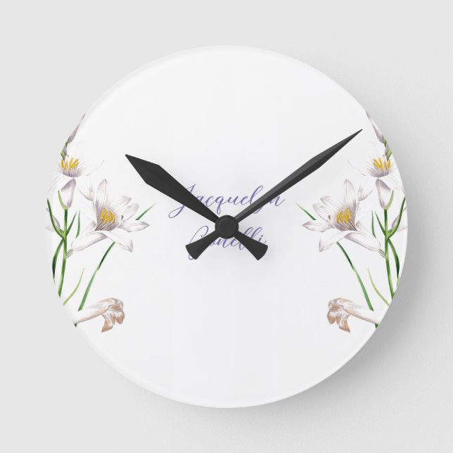 Horloge Ronde Floral Elegant Chic Cute Calligraphie Ajouter Nom (Recto)