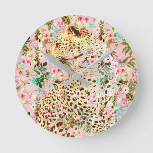 Horloge Ronde Floral empreinte de léopard tropical hawaïen
