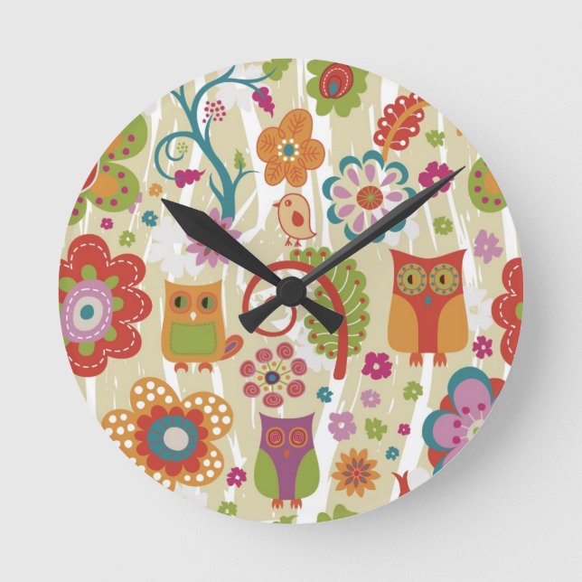 Horloge Ronde Floral et hibou de couleur (Recto)