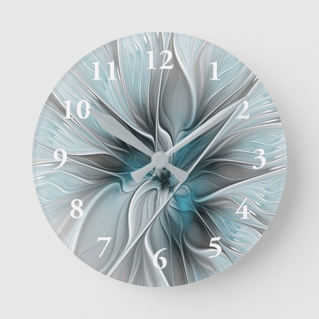 Horloge Ronde Floral Fractal Moderne Fleur Abstrait gris bleu (Recto)