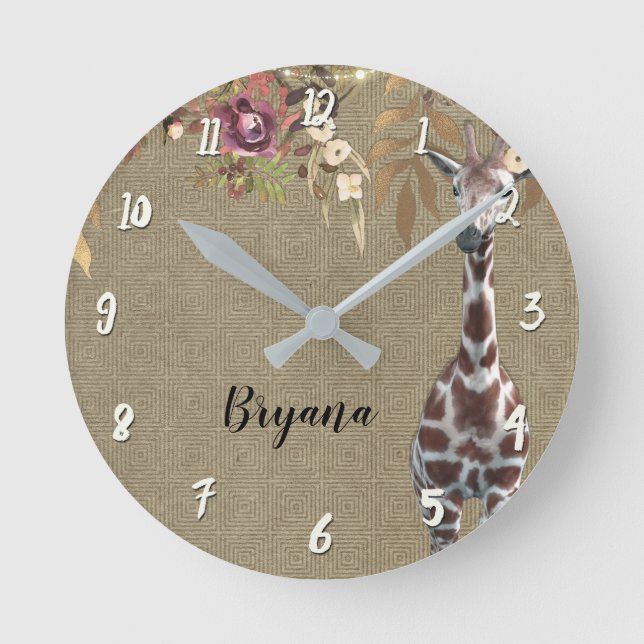 Horloge Ronde Floral Giraffe Rustic Brown Chic Personalized (Recto)