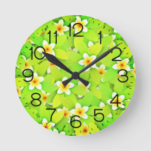 Horloge Ronde Floral Vert Feuille Fleurs Jaunes Motif