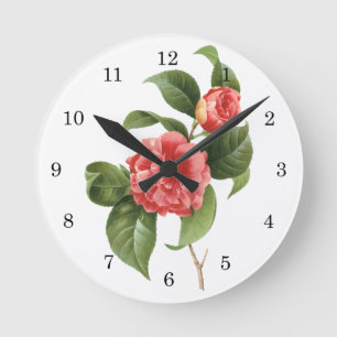 Horloge Ronde Floral vintage, Fleurs de Camellia Rose par Redout