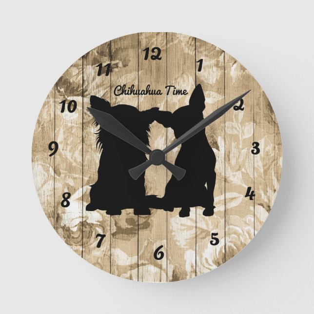 Horloge Ronde Floral Wood Faux Chihuahua Silhouette Wall Clock (Recto)