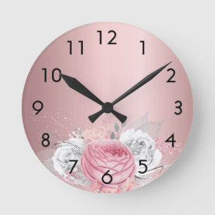 Horloge Ronde Flores rose vif rose métal blanc élégant