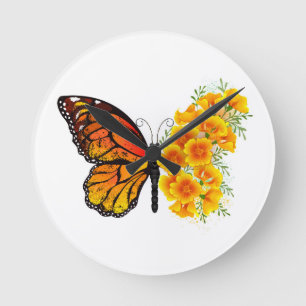 Horloge Ronde Flower Butterfly with Yellow California Poppy