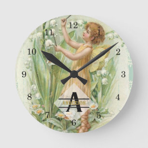 Horloge Ronde Flower Fairy Snowbells Vintage Art monogram Named