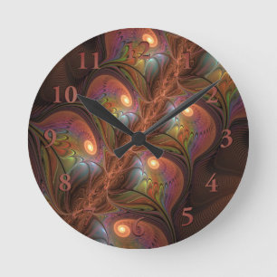 Horloge Ronde Fluorescent coloré Abstrait Trippy Brown Fractal