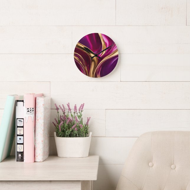 Horloge Ronde Flux Abstrait - Fuchsia violet et or- (Salle de lecture)