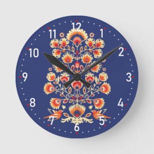 Horloge Ronde 💙 💛 🧡 Folklore aux fleurs jaunes et aux oiseaux