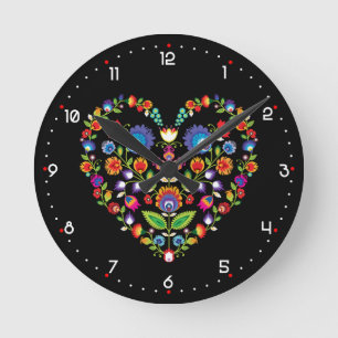Horloge Ronde Folklore cœur, style Wycinanki