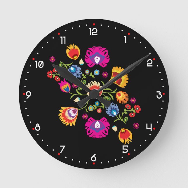 Horloge Ronde folklore polonais avec fleurs roses (Recto)