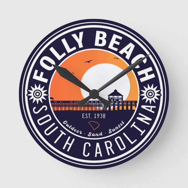 Horloge Ronde Folly Beach SC Souvenirs Retro Sunset Pier 60s (Recto)