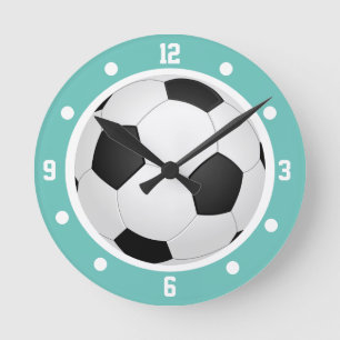 Horloge Ronde Football balle Turquoise bleu noir et blanc