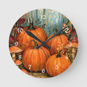 Horloge Ronde Forêt automnale avec citrouilles et champignons,
