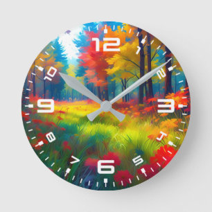 Horloge Ronde Forêt avec des arbres et des fleurs colorés