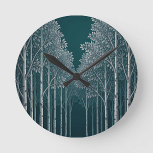 Horloge Ronde Forêt d'arbres blancs et bouleaux de teinte sarcel