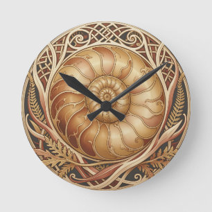 Horloge Ronde Fossile d'ammonite dorée Cadre celtique Motif orné