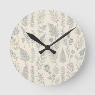 Horloge Ronde Fougères vert sauge vintage Fleurs sauvages Botani