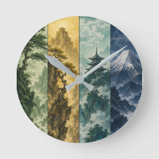 Horloge Ronde Four Seasons Mountain | Paysage à l'encre japonais