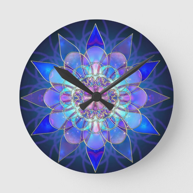 Horloge Ronde Fractale bleue de mandala de fleur (Recto)