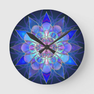 Horloge Ronde Fractale bleue de mandala de fleur