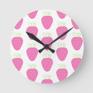 Horloge Ronde Fraise rose Aquarelle Minimale Fruit