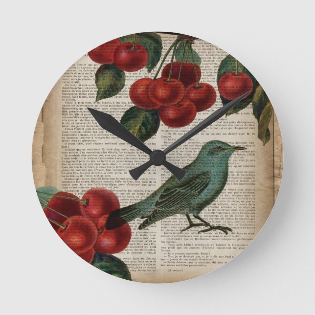 Horloge Ronde frentry bird retro botanical red cherry (Recto)