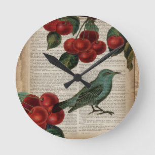 Horloge Ronde frentry bird retro botanical red cherry