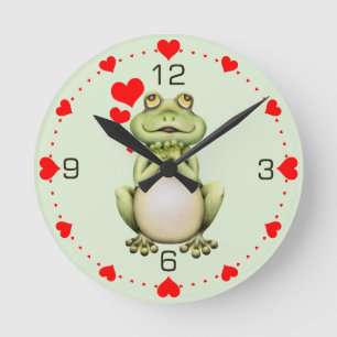 Horloge Ronde Frog Love Dessin Coeurs verts