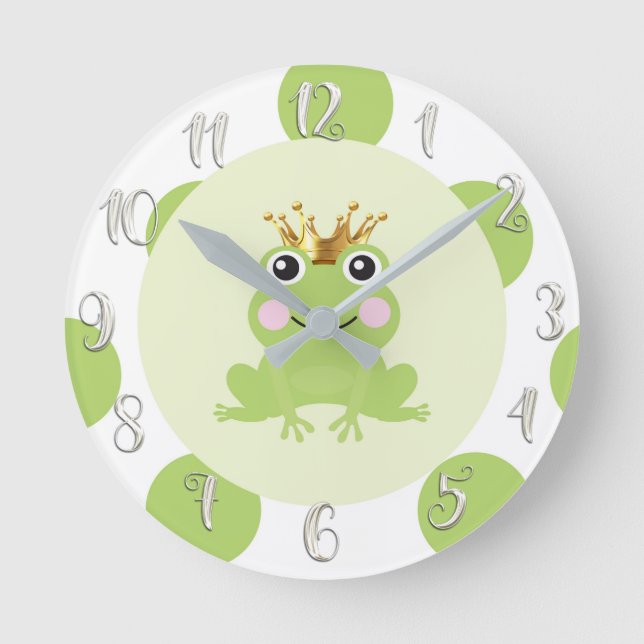 Horloge Ronde Frog Prince Gold Crown Cute Whimsical Nursery (Recto)