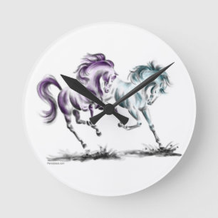 Horloge Ronde Frolicking Racing Chevaux sauvages