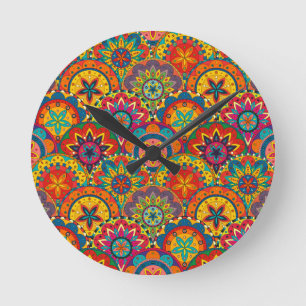 Horloge Ronde Funky Retro Colorful Mandala Pattern