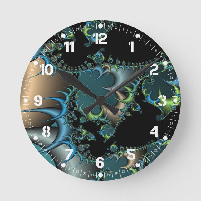 Horloge Ronde Funky Swirling Spirals Teal Black Fractal (Recto)