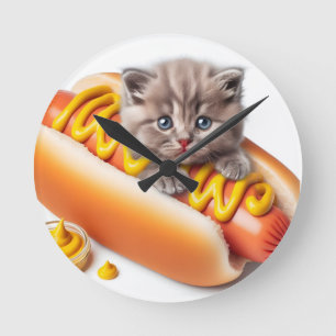 Horloge Ronde Funny Hot Dog Cat Wall Clock – Cute and Whimsical